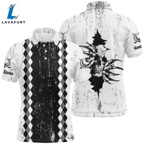 Mens Golf Polo Shirts Custom Black And White Grunge Argyle Pattern Skull Golf Outfits   Gift Christmas