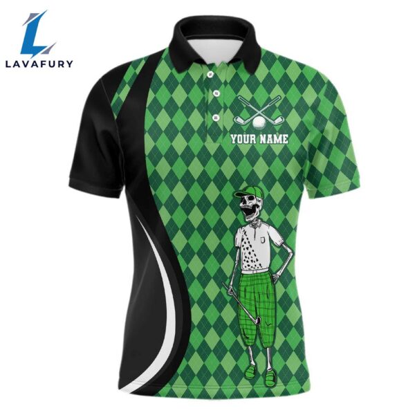 Mens Golf Polo Shirts Custom Black Green Argyle Pattern Golf Skull Golf Tops For Ladies  Gift Christmas