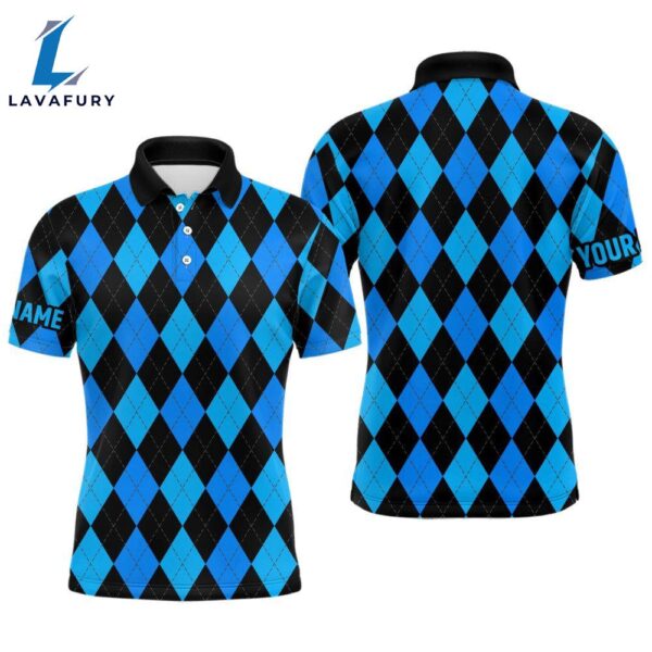 Mens Golf Polo Shirts Custom Blue And Black Argyle Plaid Pattern Golf Attire   Gift Christmas