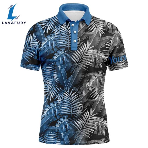 Mens Golf Polo Shirts Custom Blue And Gray Tropical Leaves , Best Mens Golf Wears  Gift Christmas