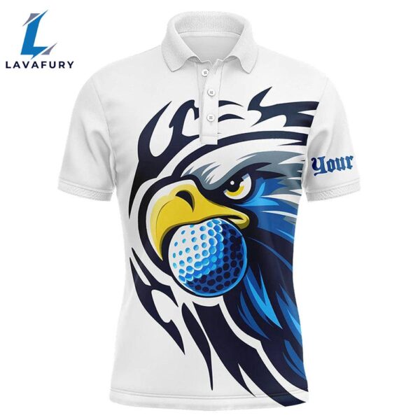 Mens Golf Polo Shirts Custom Blue Eagle Golf Ball White Golf Tops, Team Golf Attire   Gift Christmas