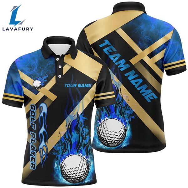 Mens Golf Polo Shirts Custom Blue Flame Golf Ball Fire Golf Apparel   Gift Christmas
