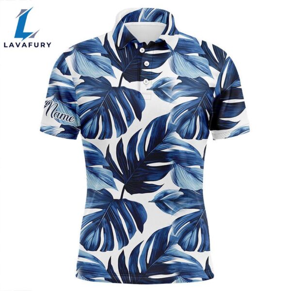 Mens Golf Polo Shirts Custom Blue Monstera Leaf Pattern Golf Tops   Gift Christmas
