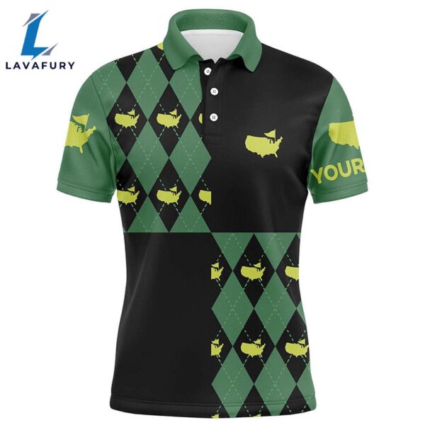 Mens Golf Polo Shirts Custom Green And Black Argyle Pattern Golf Tops   Gift Christmas