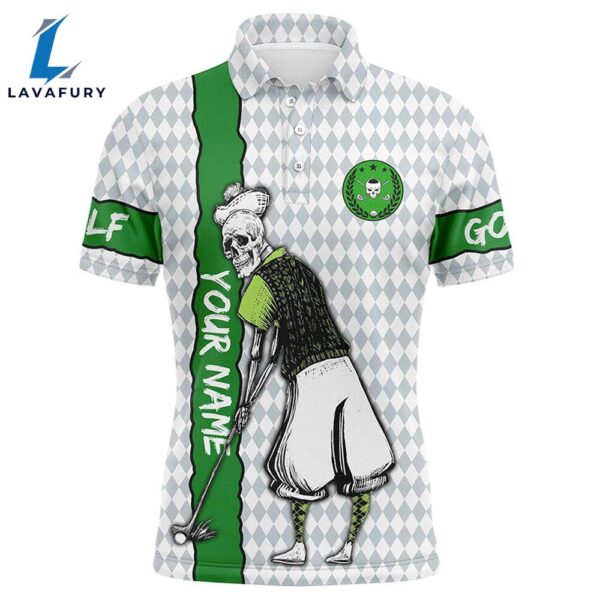 Mens Golf Polo Shirts Custom Green Argyle Pattern Skull , Best Mens Golf Wears  Gift Christmas