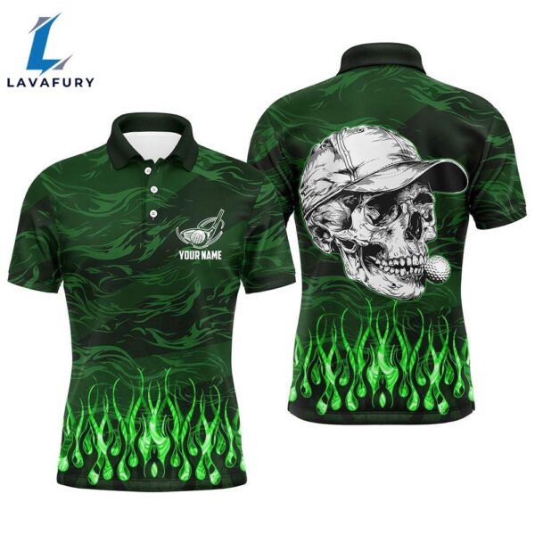 Mens Golf Polo Shirts Custom Green Camo Flame Golf Skull Team Golf Attire   Gift Christmas