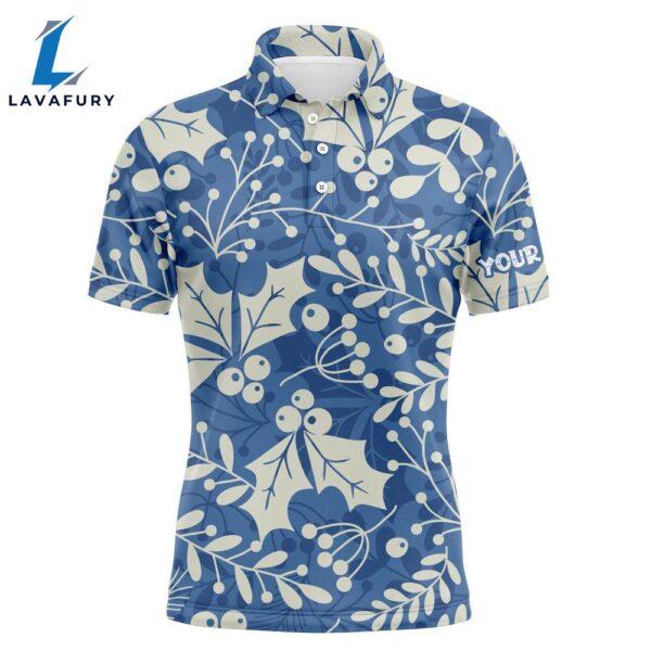 Mens Golf Polo Shirts Custom Name Christmas Holly Leaves And Berries Pattern, Christmas Golf Gift  Gift Christmas