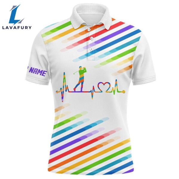 Mens Golf Polo Shirts Custom Name Colorful Rainbow Golf Heartbeat Tournament Golf Tops   Gift Christmas