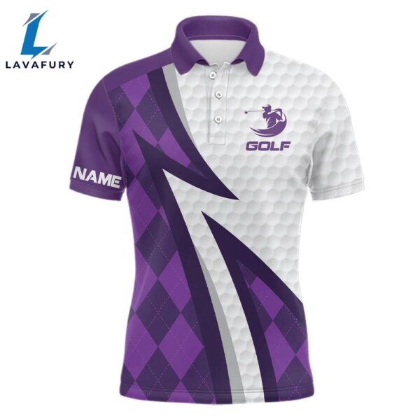 Mens Golf Polo Shirts Custom Name Purple Argyle Pattern White Golf Ball Skin Mens Golf Wears  Gift Christmas
