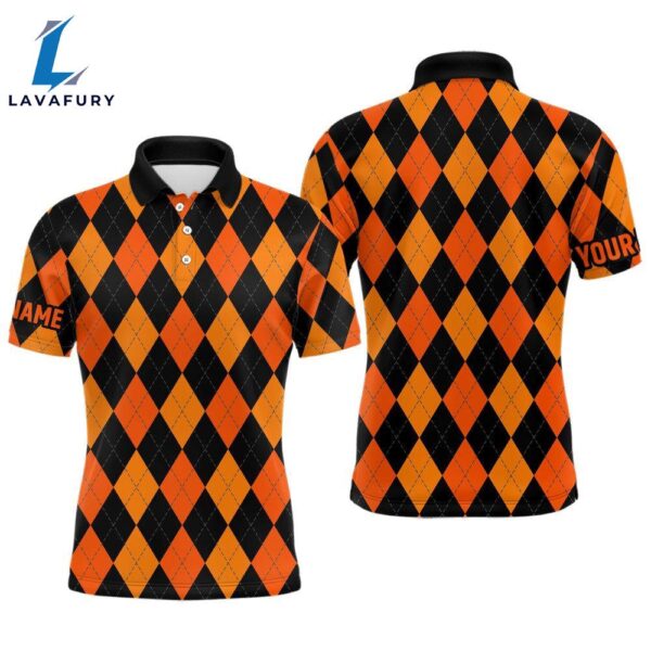 Mens Golf Polo Shirts Custom Orange And Black Argyle Plaid Halloween Pattern Golf Attire   Gift Christmas
