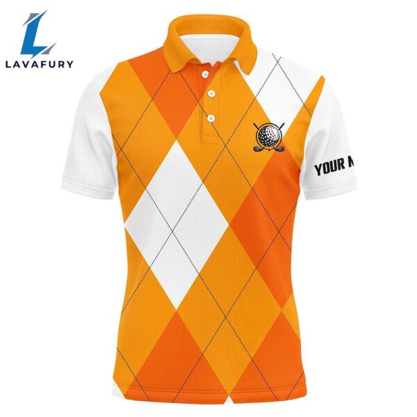 Mens Golf Polo Shirts Custom Orange And White Golf Argyle Plaid Pattern  Gift Christmas