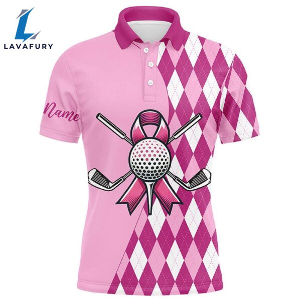 Mens Golf Polo Shirts Custom Pink Argyle Pattern Breast Cancer Awareness Golf Apparel   Gift Christmas