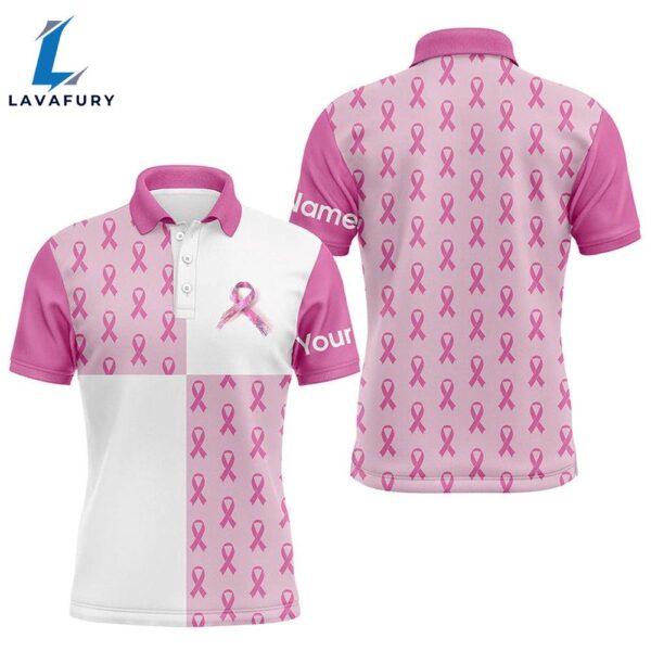 Mens Golf Polo Shirts Custom Pink Breast Cancer Pink Ribbon Pattern    Gift Christmas