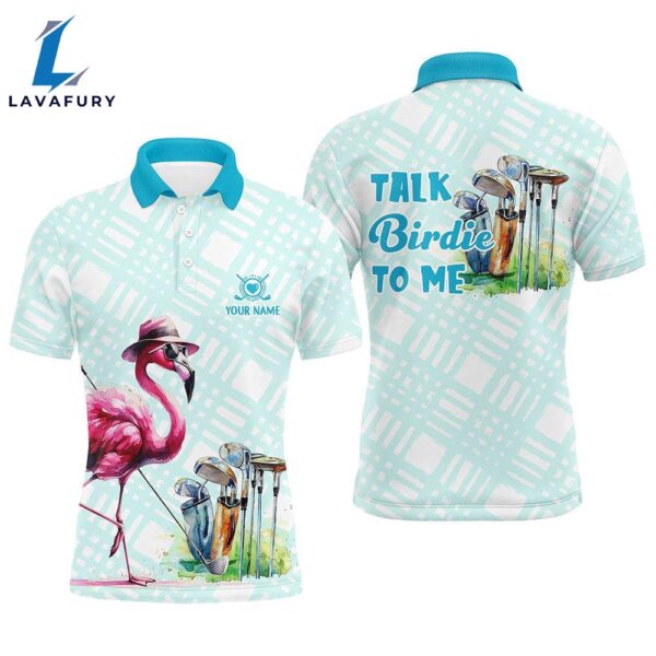 Mens Golf Polo Shirts Custom Pink Flamingo Blue Pattern  Talk Birdie To Me  Gift Christmas