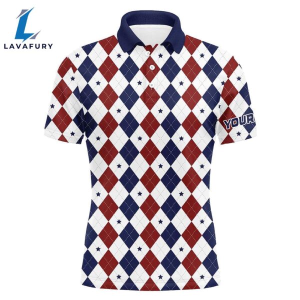 Mens Golf Polo Shirts Custom Red, White And Blue Argyle Plaid Pattern Golf Attire   Gift Christmas