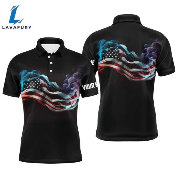 Mens Golf Polo Shirts Custom Smoke American Flag Patriotic Black Golf Tops   Gift Christmas
