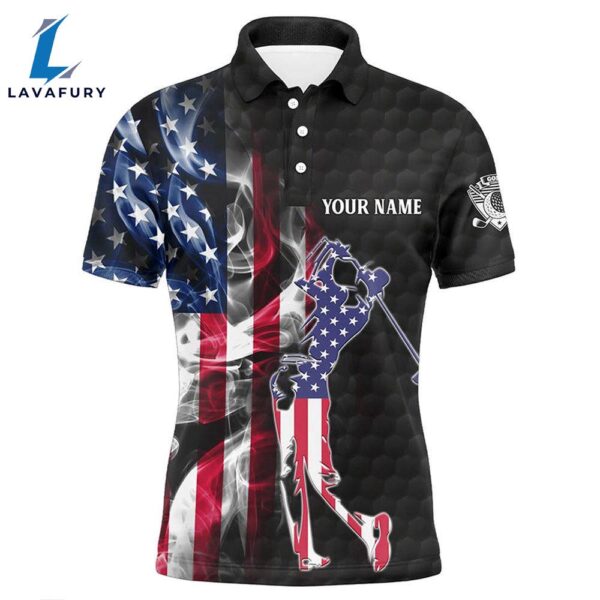 Mens Golf Polo Shirts Custom Smoke American Flag Patriotic Black Mens Golf Tops  Gift Christmas