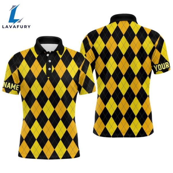 Mens Golf Polo Shirts Custom Yellow And Black Argyle Plaid Pattern Golf Attire   Gift Christmas
