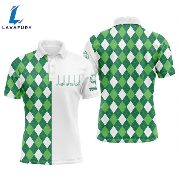 Mens Golf Polo Shirts Green And White Argyle Plaid Pattern Custom Mens Golf Wear  Gift Christmas
