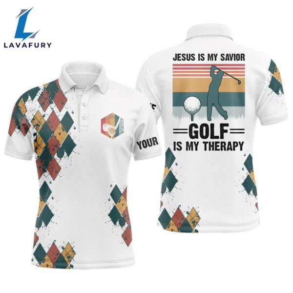 Mens Golf Polo Shirts Jesus Is My Savior Golf Is My Therapy Custom Name Vintage Best Mens Golf Wear  Gift Christmas