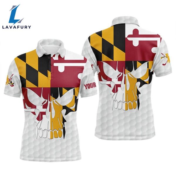 Mens Golf Polo Shirts Maryland Flag Patriotic Custom Skull Golf Ball Shirt   Gift Christmas