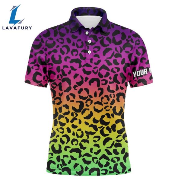 Mens Golf Polo Shirts Neon Rainbow Leopard Pattern  Custom Name Golf Wear   Gift Christmas