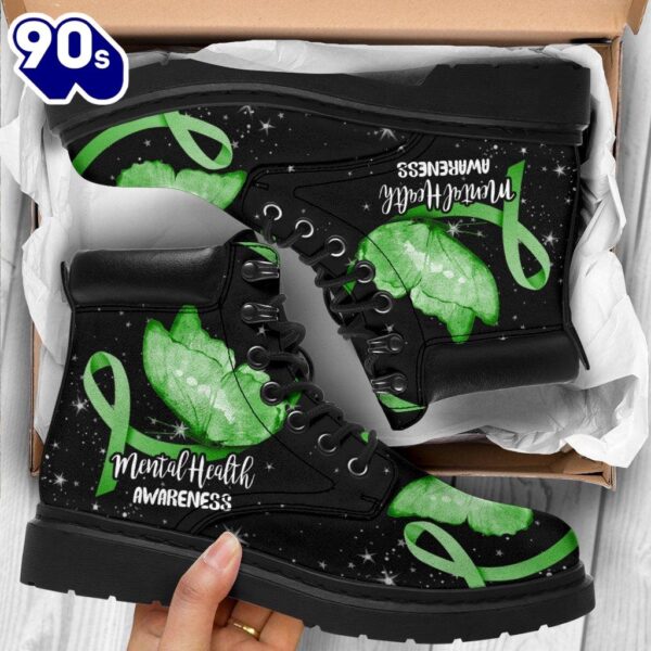 Mental Health Awareness Leather Boots Ribbon Butterfly Shoes