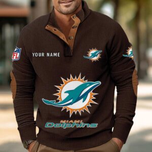 Miami Dolphins Button Up Shirts Stand Collar Long Sleeve Shirt Elbow Patches