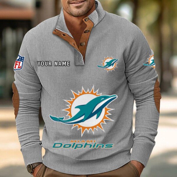 Miami Dolphins Button Up Shirts Stand Collar Long Sleeve Shirt Elbow Patches