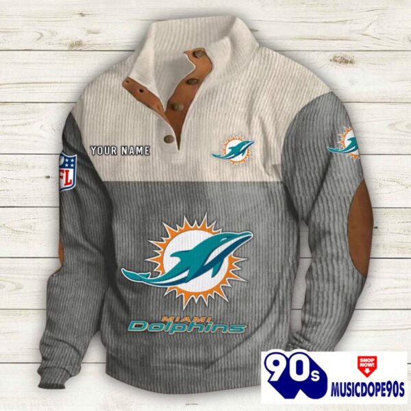 Miami Dolphins Button Up Shirts Stand Collar Long Sleeve Shirt Elbow Patches