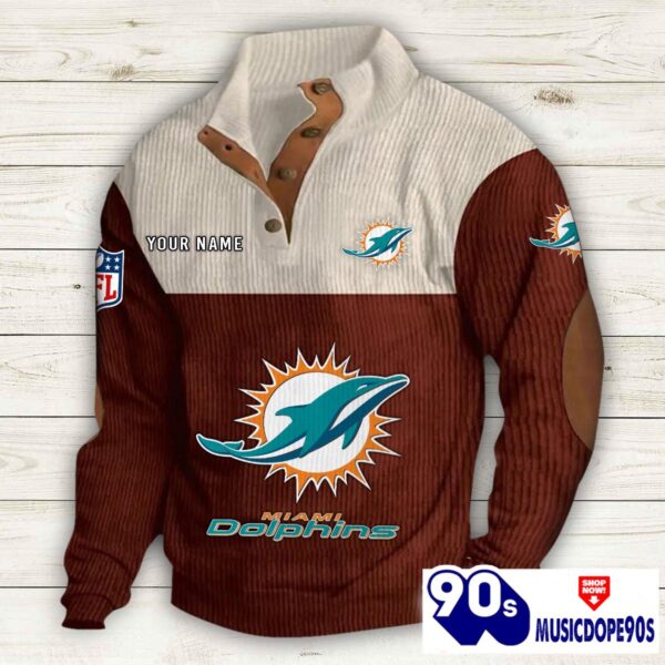 Miami Dolphins Button Up Shirts Stand Collar Long Sleeve Shirt Elbow Patches