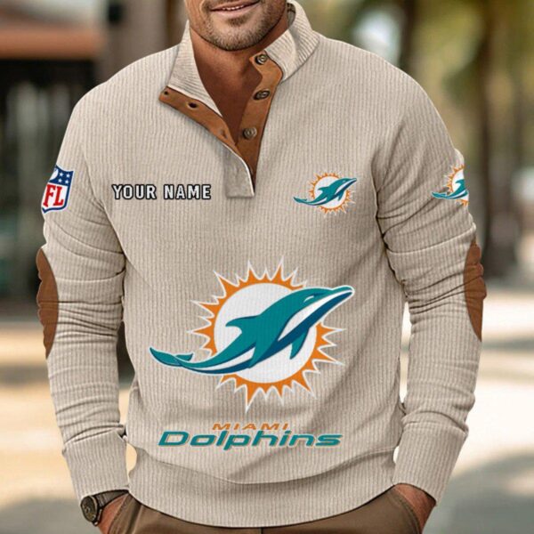 Miami Dolphins Button Up Shirts Stand Collar Long Sleeve Shirt Elbow Patches