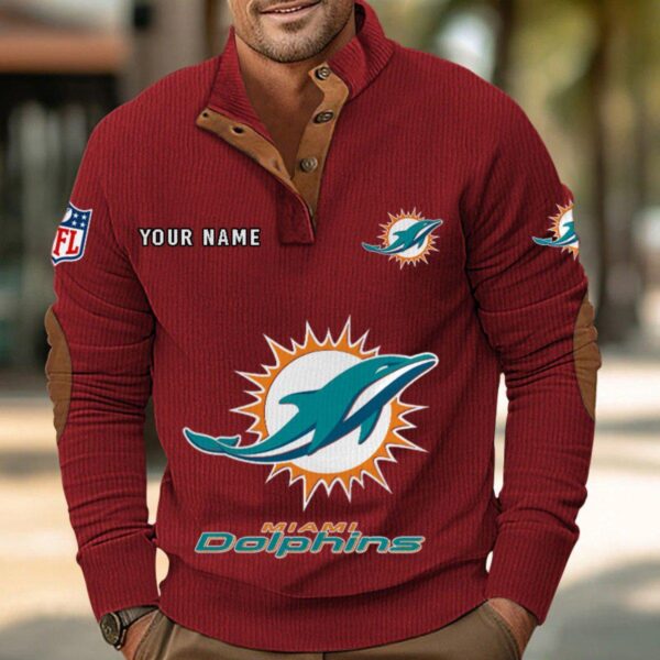 Miami Dolphins Button Up Shirts Stand Collar Long Sleeve Shirt Elbow Patches