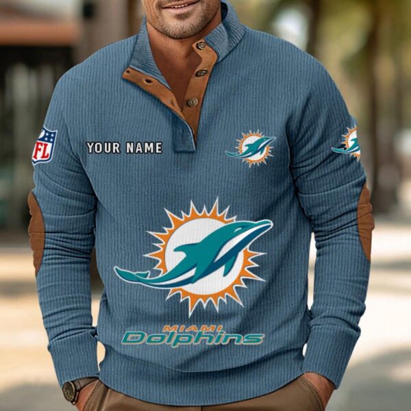 Miami Dolphins Button Up Shirts Stand Collar Long Sleeve Shirt Elbow Patches