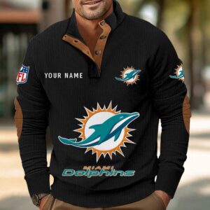 Miami Dolphins Button Up Shirts Stand Collar Long Sleeve Shirt Elbow Patches