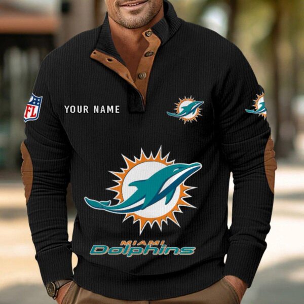 Miami Dolphins Button Up Shirts Stand Collar Long Sleeve Shirt Elbow Patches