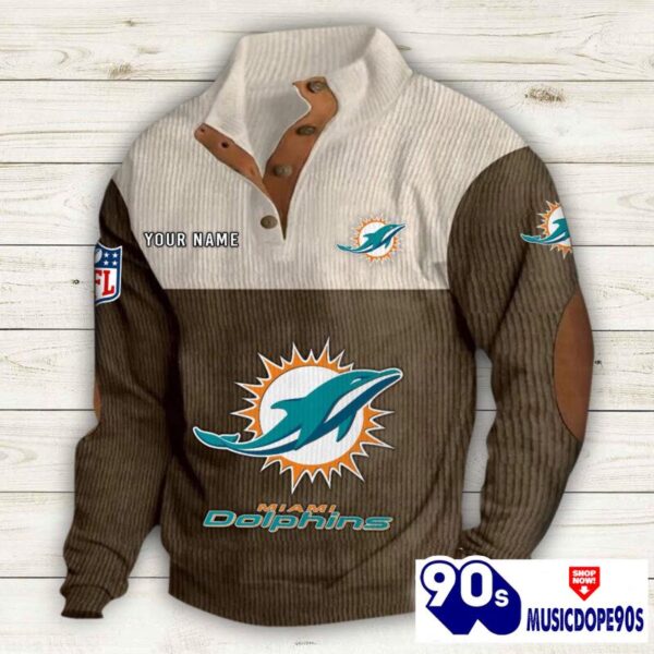 Miami Dolphins Button Up Shirts Stand Collar Long Sleeve Shirt Elbow Patches