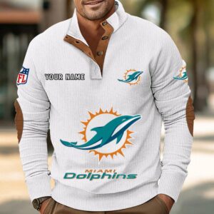 Miami Dolphins Button Up Shirts Stand Collar Long Sleeve Shirt Elbow Patches