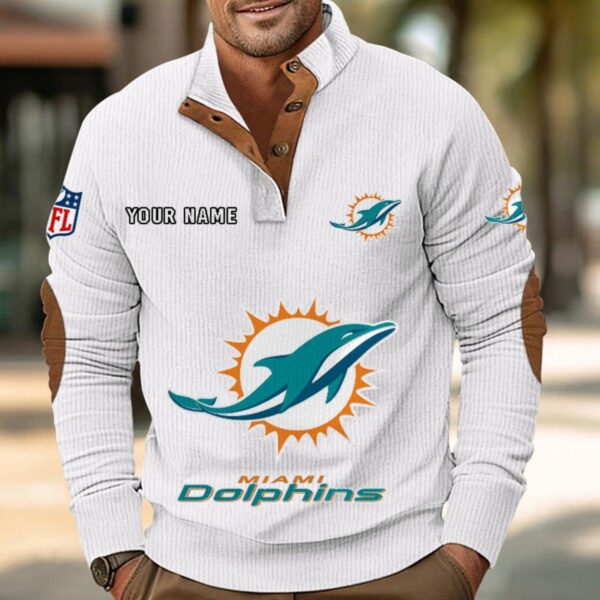 Miami Dolphins Button Up Shirts Stand Collar Long Sleeve Shirt Elbow Patches