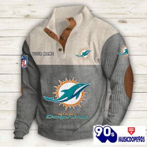 Miami Dolphins Button Up Shirts Stand Collar Long Sleeve Shirt Elbow Patches