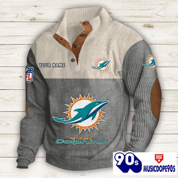 Miami Dolphins Button Up Shirts Stand Collar Long Sleeve Shirt Elbow Patches