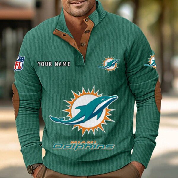 Miami Dolphins Button Up Shirts Stand Collar Long Sleeve Shirt Elbow Patches