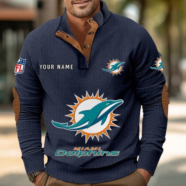 Miami Dolphins Button Up Shirts Stand Collar Long Sleeve Shirt Elbow Patches