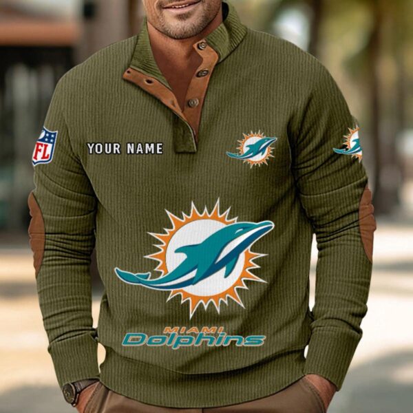 Miami Dolphins Button Up Shirts Stand Collar Long Sleeve Shirt Elbow Patches