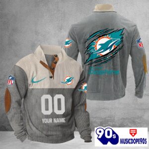 Miami Dolphins Vintage Button Up Shirts Stand Collar Long Sleeve Shirt Elbow Patches
