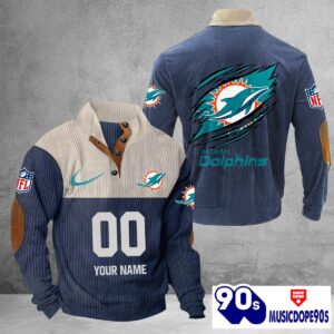 Miami Dolphins Vintage Button Up Shirts Stand Collar Long Sleeve Shirt Elbow Patches