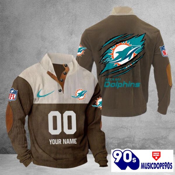 Miami Dolphins Vintage Button Up Shirts Stand Collar Long Sleeve Shirt Elbow Patches