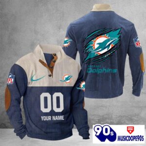 Miami Dolphins Vintage Button Up Shirts Stand Collar Long Sleeve Shirt Elbow Patches