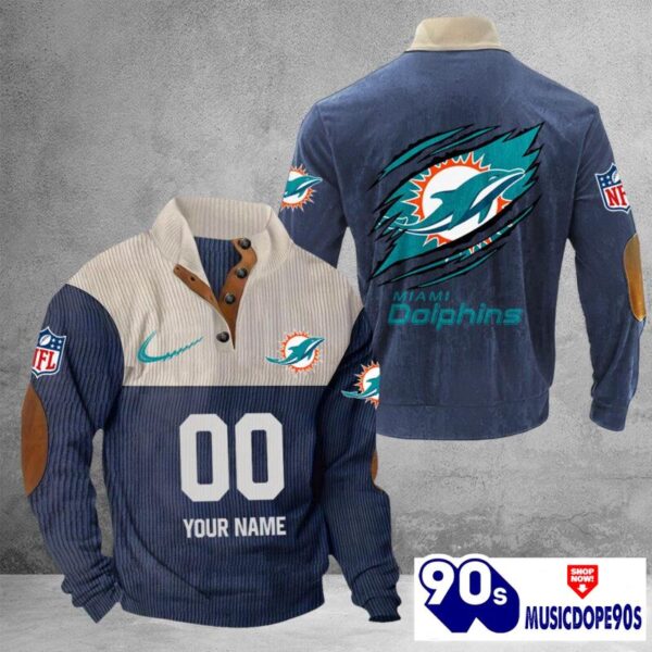 Miami Dolphins Vintage Button Up Shirts Stand Collar Long Sleeve Shirt Elbow Patches