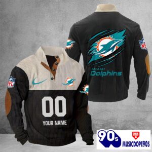 Miami Dolphins Vintage Button Up Shirts Stand Collar Long Sleeve Shirt Elbow Patches